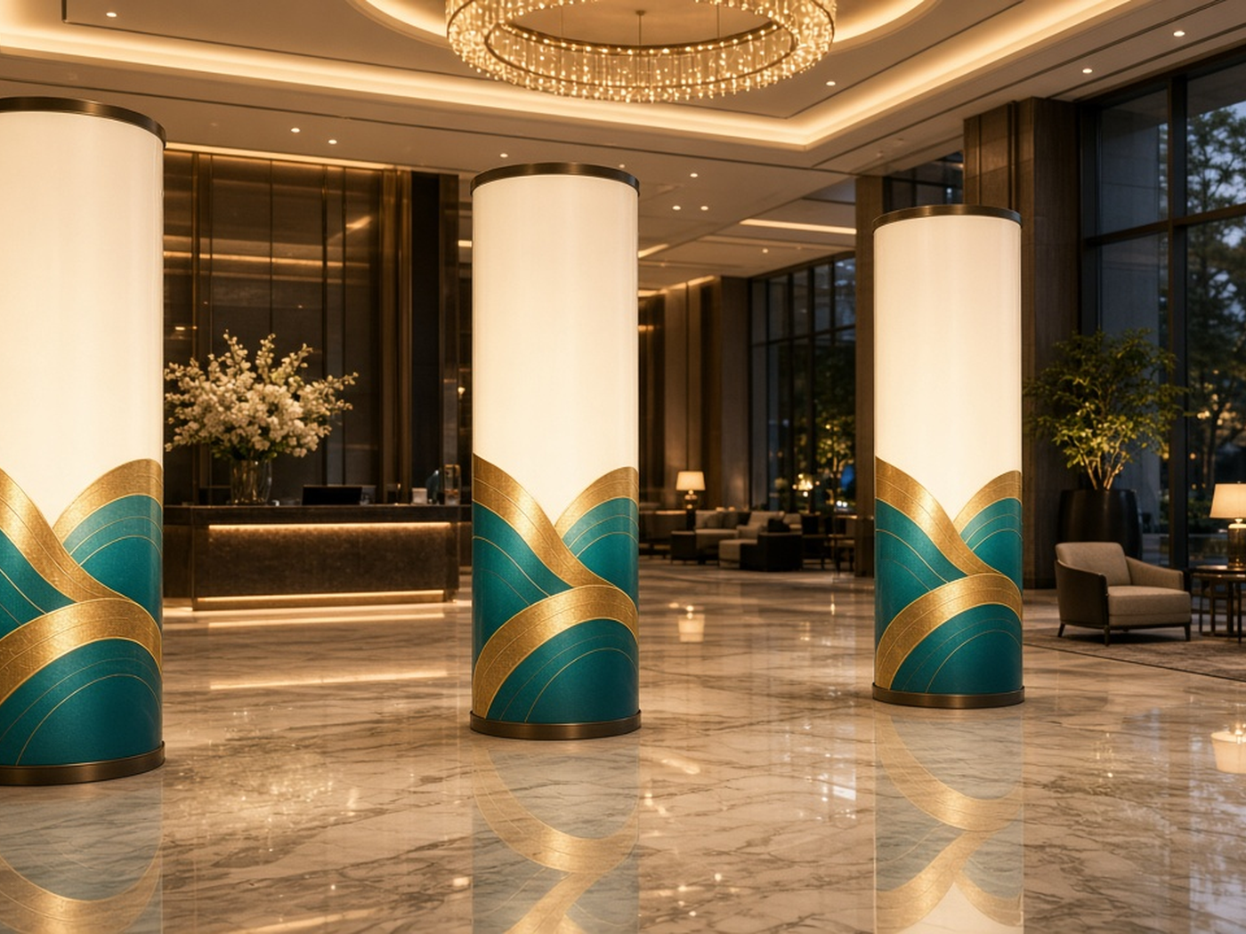 MAXUM világító oszlopok hotel lobbyban